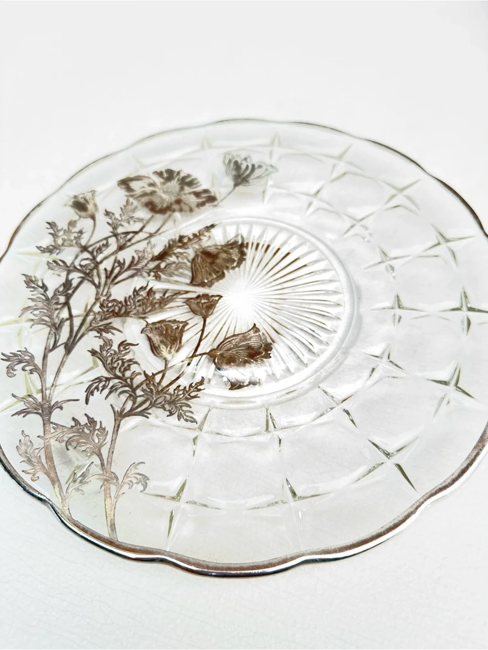 Vintage Silver City Glass Flanders Poppy Serving Plate Sterling Silver Overlay